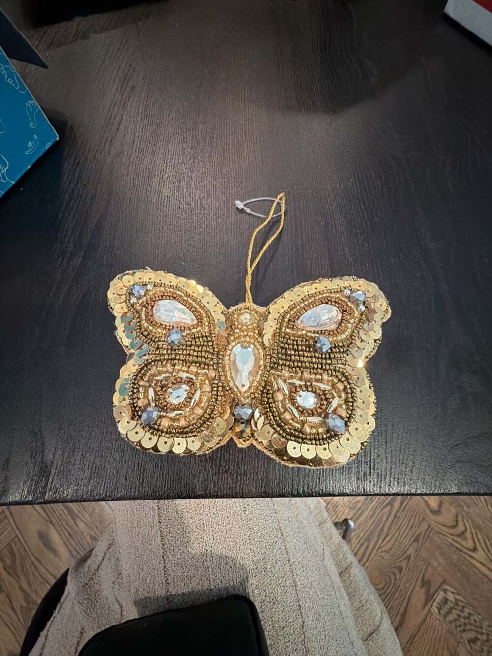 West Elm Beaded Butterfly Christmas Ornament Gold Sequin Rhinestone NEW
